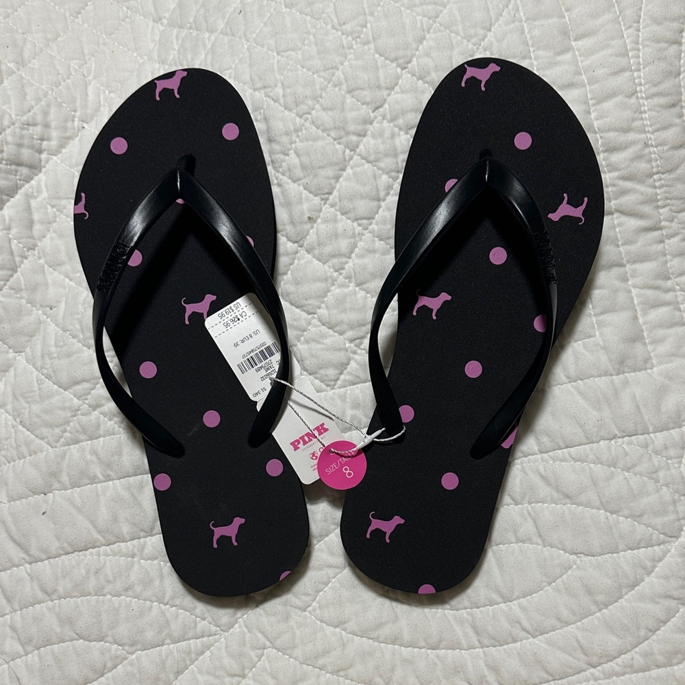 PINK NWT Black and Pink Polka Dot Dog Flip Flops